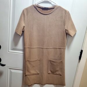 Zara Minimal Crewneck Top Shuft Dress in Camel Brown